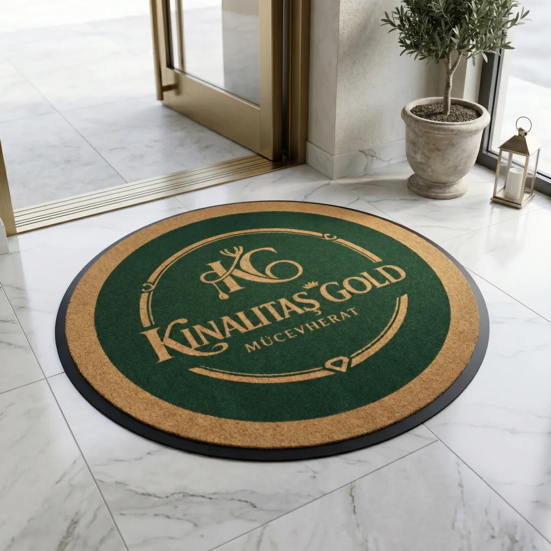 Kınalıtaş Gold kuyumcu için yuvarlak logolu kapı önü paspası 90 x 90 cm
