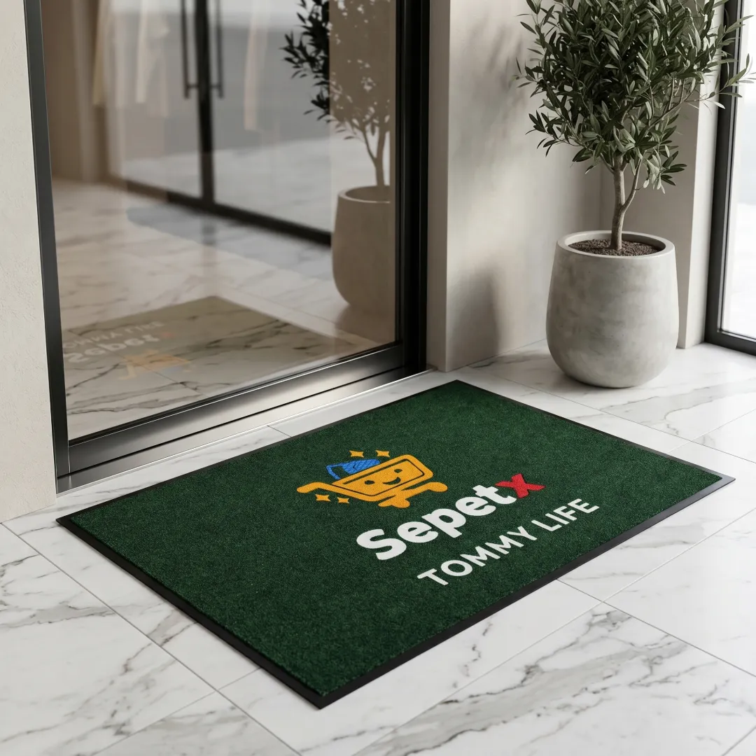Sepetx markası için yeşil logolu giriş halısı