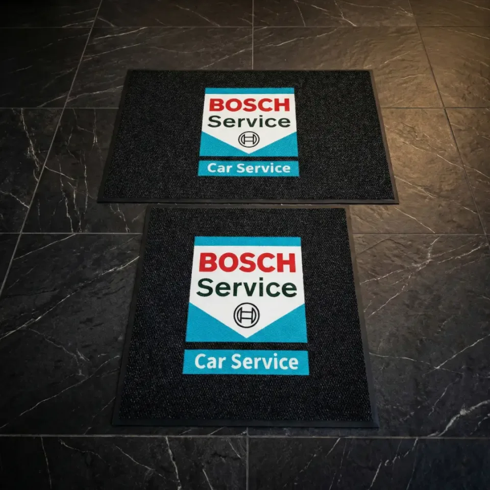 Hancar Bosch Car Service otogaleri logolu paspas örneği 100 x 150 cm + 100 x 100 cm