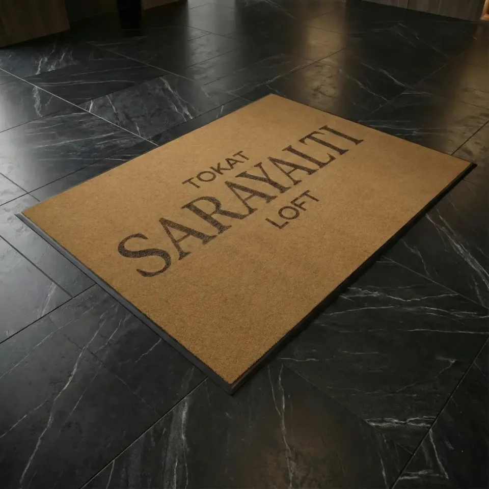 Sarayaltı restoran logolu paspas örneği 100 x 150 cm saman rengi ve 160 x 230 cm bordo seçenekleri - seçenek 1