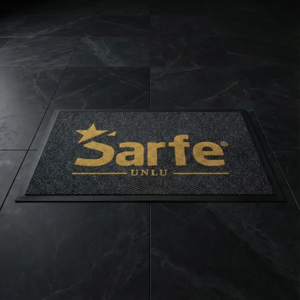 Sarfe fırın ve pastane logolu paspas örneği 60 x 100 cm antrasit ve 70 x 100 cm yeşil seçenekleri - seçenek 1