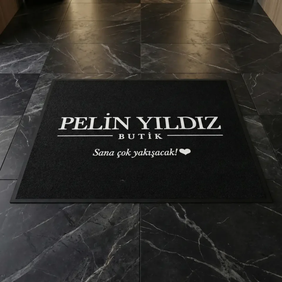Pelin Yıldız butik logolu paspas örneği 150 x 200 cm
