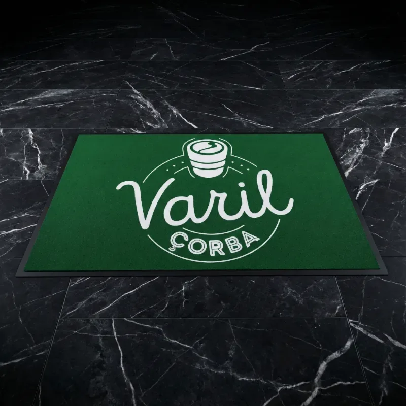 Restoran logolu paspas - Varil Çorba için üretilen 110x175 siyah paspas.